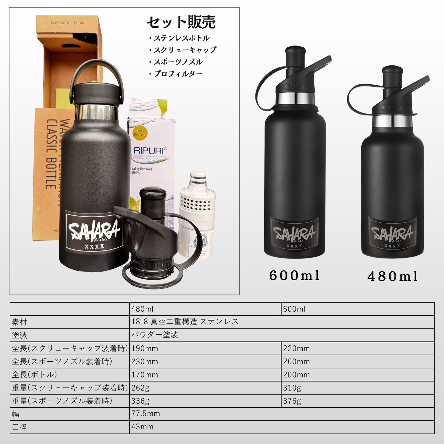 RIPURI×fieldSAHAR コラボ 【高性能】【高機能】携帯浄水器 480ml - FieldSAHARA